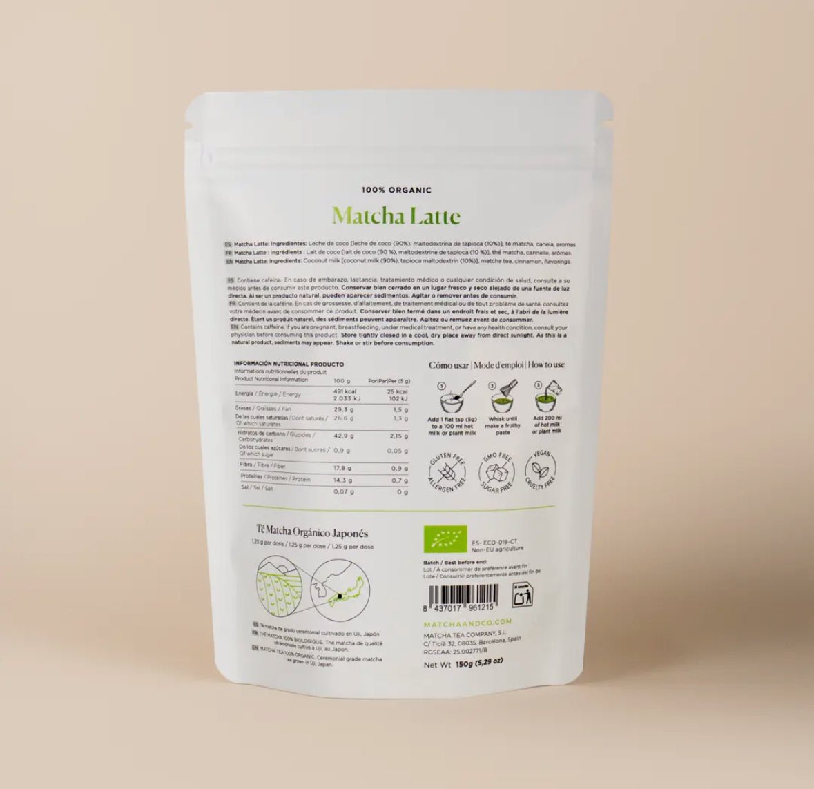 Back packaging of MatchaGirls matcha latte met kokosmelk with ingredients and usage instructions